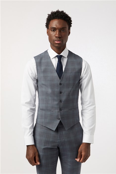 Alexandre Tailored Fit Blue Seafoam Check Waistcoat