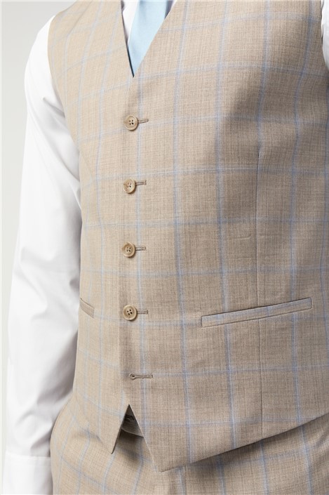 Alexandre Slim Fit Italian Oatmeal Blue Check Waistcoat