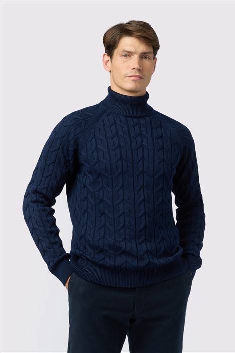 Melka Navy Blue Cable Knit Roll Neck Jumper Navy Blue