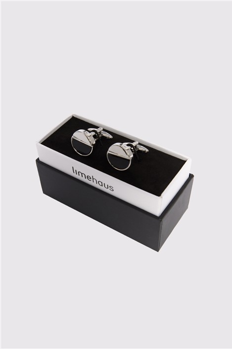 Limehaus Silver Round Onyx Split Cufflinks