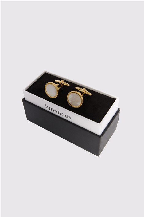 Limehaus Gold Round Mother Of Pearl Cufflinks