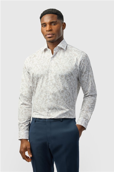 Alexandre Tailored Fit Taupe Paisley Print Single Cuff Shirt