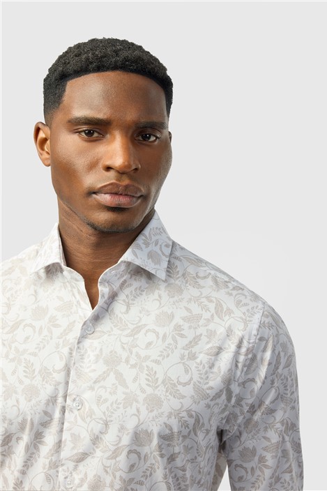 Alexandre Tailored Fit Taupe Paisley Print Single Cuff Shirt