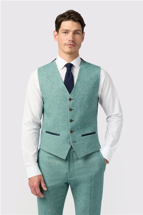 Antique Rogue Slim Fit Green Herringbone Tweed Waistcoat