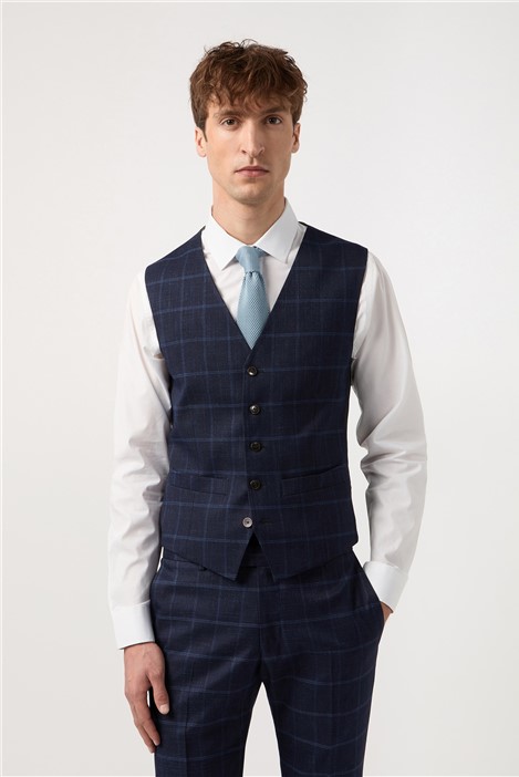 Antique Rogue Slim Fit Blue Windowpane Check Waistcoat