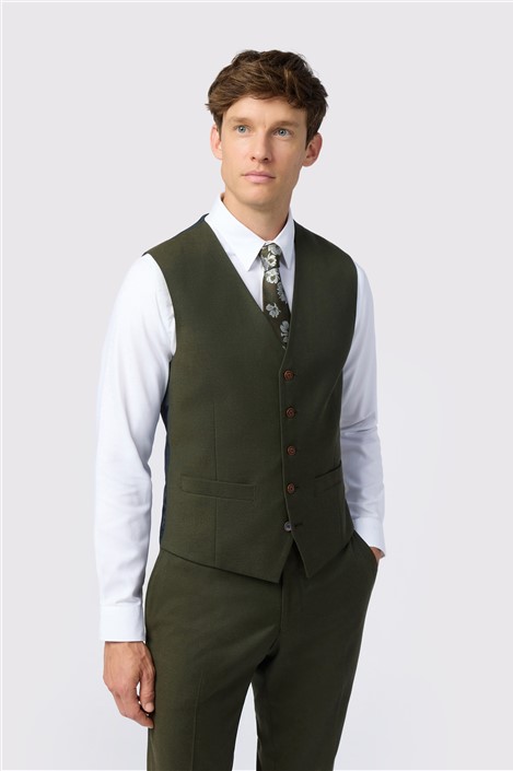 Antique Rogue Slim Fit Harley Khaki Green Flannel Waistcoat