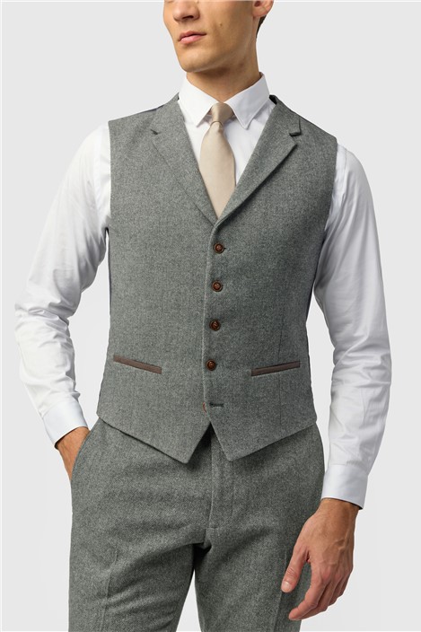 Antique Rogue Slim Fit Grey Herringbone Tweed Waistcoat
