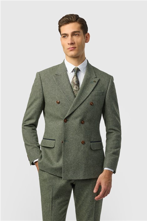 Antique Rogue Slim Fit Baxter Double Breasted Sage Herringbone Tweed Jacket
