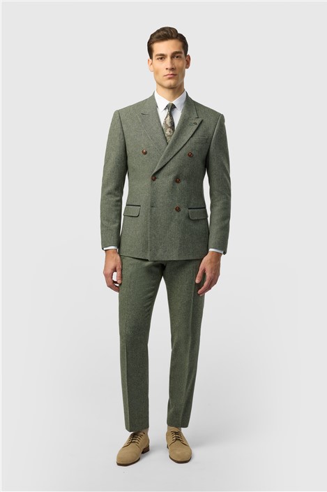 Antique Rogue Slim Fit Baxter Double Breasted Sage Herringbone Tweed Jacket