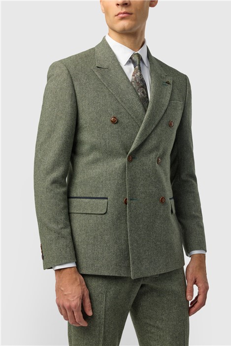 Antique Rogue Slim Fit Baxter Double Breasted Sage Herringbone Tweed Jacket
