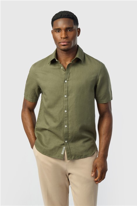 Ted Baker Olive Linen Blend Short Sleeve Shirt