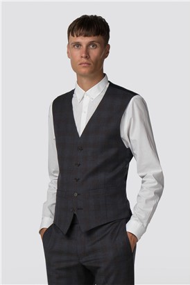  Navy Rust Check Slim Fit Waistcoat