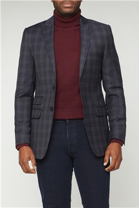 Stvdio Navy Rust Grid Check Wool Blend Suit Jacket