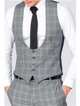  Grey Blue Check Slim Fit Waistcoat