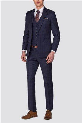 Navy Tonal Checked Tailored Fit Suit Jacket