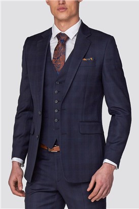 Navy Tonal Checked Tailored Fit Suit Jacket