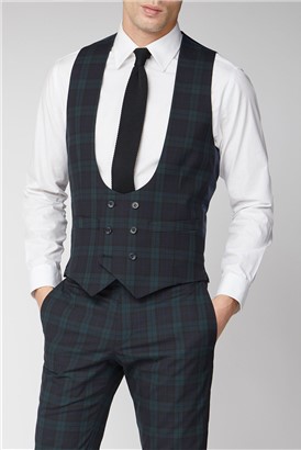  Navy Green Tartan Skinny Suit Waistcoat