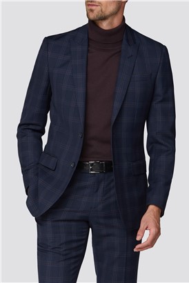  Navy Textured Check Tailored Fit Jacket