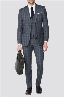  Grey Blue Check Tailored Fit Suit Trouser