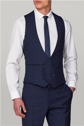  Navy Multi Check Double Breasted Waistcoat