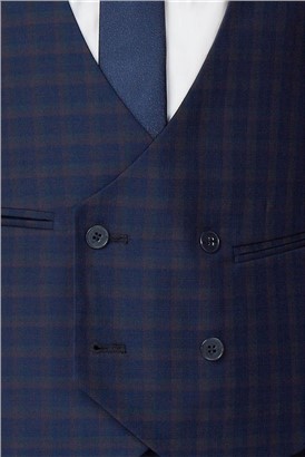  Navy Multi Check Double Breasted Waistcoat