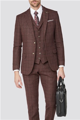  Burgundy Check Tweed Slim Fit Suit Jacket