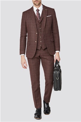  Burgundy Check Tweed Slim Fit Suit Jacket