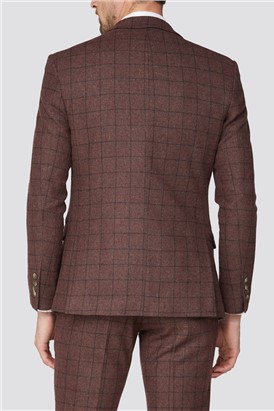  Burgundy Check Tweed Slim Fit Suit Jacket