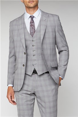  Light Grey & Pink Checked Tailored Fit Suit Jacket