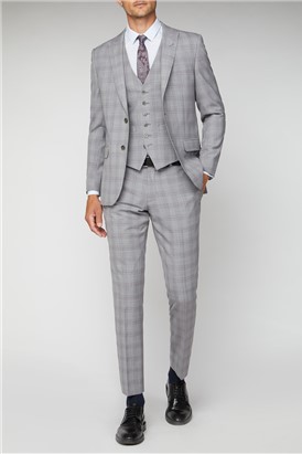  Light Grey & Pink Checked Tailored Fit Suit Jacket