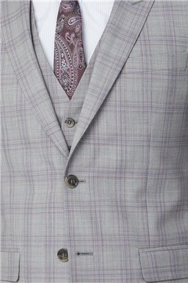  Light Grey & Pink Checked Tailored Fit Suit Jacket