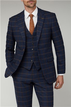  Regular Fit Navy & Tan Check Tweed Suit Jacket