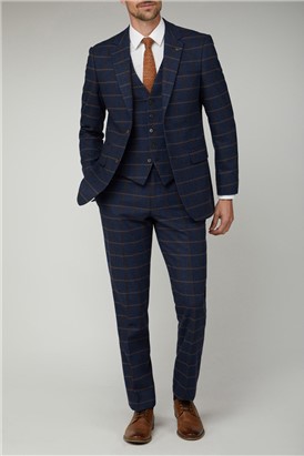  Regular Fit Navy & Tan Check Tweed Suit Jacket