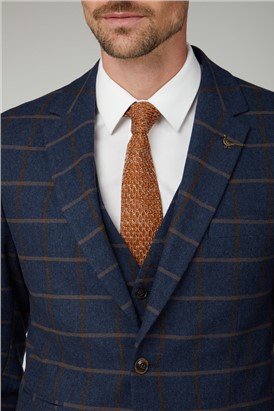  Regular Fit Navy & Tan Check Tweed Suit Jacket