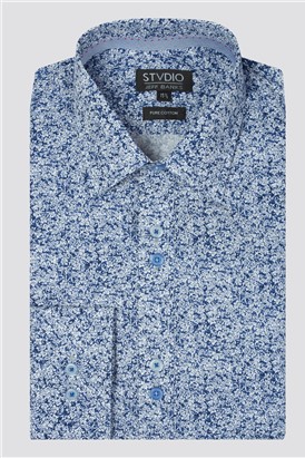 Stvdio Navy Leaves Print Tailored Fit Shirt