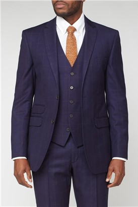  Regular Fit Navy & Rust Brown Checked Suit Jacket