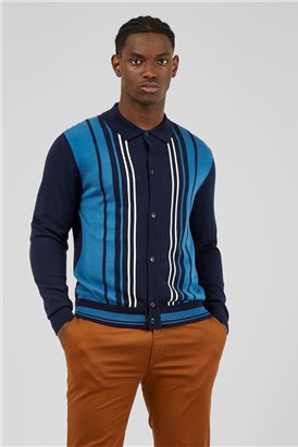  Marine Blue Long Sleeve Button Through Polo Shirt