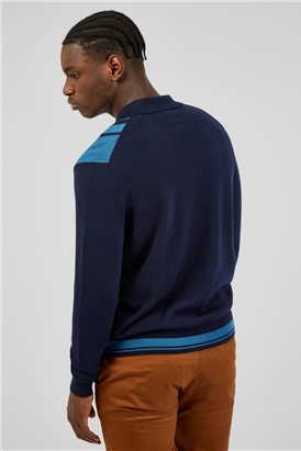  Marine Blue Long Sleeve Button Through Polo Shirt