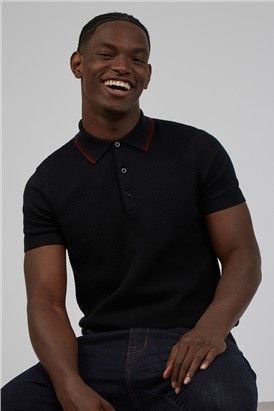  Black Short Sleeve Knitted Textured Polo Shirt