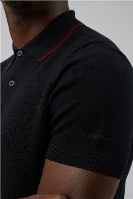  Black Short Sleeve Knitted Textured Polo Shirt