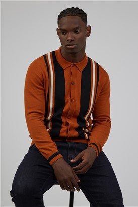  Gold Long Sleeved Knitted Button Through Polo Shirt