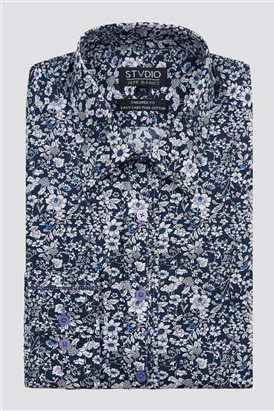 Stvdio By  Classic Fit Navy and White Floral Shirt