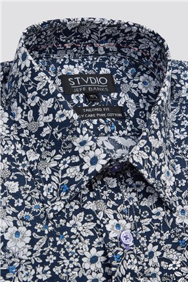 Stvdio By  Classic Fit Navy and White Floral Shirt