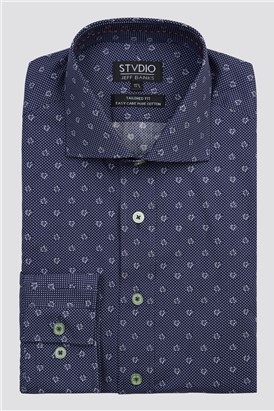 Studio By  Classic Fit Navy and White Spotted Flower Print Shirt