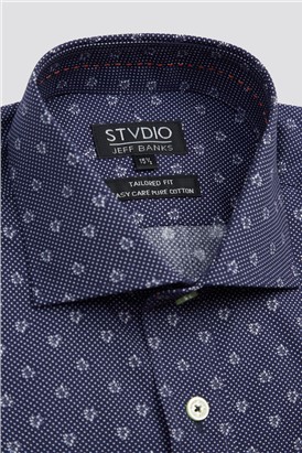 Studio By  Classic Fit Navy and White Spotted Flower Print Shirt