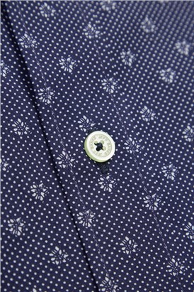 Studio By  Classic Fit Navy and White Spotted Flower Print Shirt