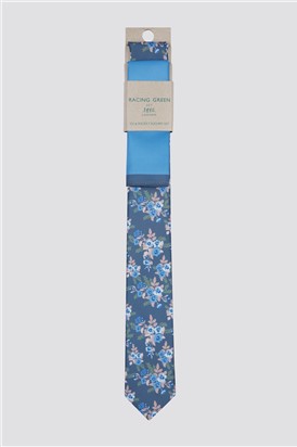  Slim Blue Flower Tie & Handkerchief Set