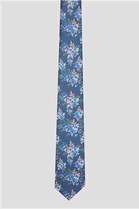  Slim Blue Flower Tie & Handkerchief Set