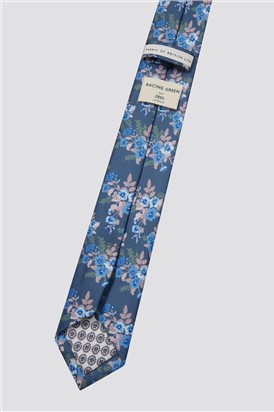  Slim Blue Flower Tie & Handkerchief Set