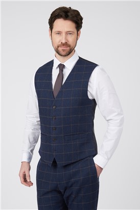  Regular Fit Navy Herringbone Check Waistcoat